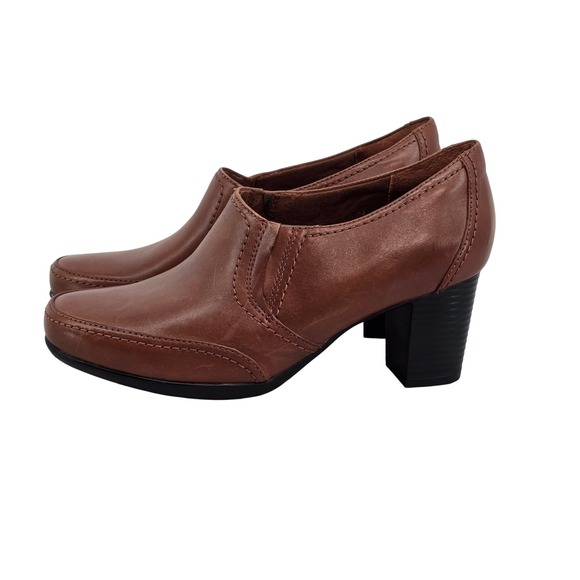 Clarks Shoes - Clarks Bendables Womens Brown Leather Slip On Block Heel Shooties Pumps 9